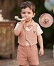 Babyoye 100% Cotton Knit Half Sleeves Shirt & Shorts with Teddy Bear Print & Bow Applique - Tan