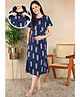 Moms Ever Knitted Knit Half Sleeves Abstract Printed Maternity Nighty With Overlap Nursing Access - Navy Blue