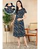 Moms Ever Knitted Knit Half Sleeves Abstract Printed Maternity Nighty With Overlap Nursing Access -Blue