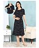 Moms Ever Knitted Knit Half Sleeves Leaves Printed Maternity Nighty With Overlap Nursing Access - Black
