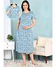 Moms Ever Knitted Knit Half Sleeves Swirls & Dots Printed Maternity Nighty With Overlap Nursing Access - Blue