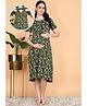 Moms Ever Knitted Knit Half Sleeves Abstract Printed Maternity Nighty With Front Open Nursing Access - Olive Green