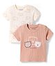 Babyoye 100% Cotton Knit Half Sleeves T-Shirts with Bear Print & Embroidery Pack of 2 - Cream & Peach