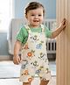 Babyoye 100% Cotton Interlock Knit Half Sleeves T-Shirt & Dungaree Style Romper With Animal Print - Cream & Green