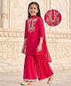 Pine Kids Woven Full Sleeves Kurti & Gharara & Dupatta Set With Floral Embroidery - Red