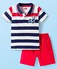 Babyhug Single Jersey Knit Half Sleeves Striped Polo T-Shirt & Shorts Set - Red