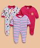 Wonderchild Pack Of 3 Full Sleeves Animals Printed & Striped Footed Sleepsuit - Rani Pink