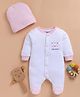 Wonderchild Full Sleeves Little Bunny Text Embroidered Footed Sleepsuit With Cap Set - White & Peach
