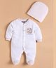 Wonderchild Full Sleeves Lion Face Embroidered Sleepsuit With Cap - White & Blue