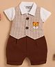 Wonderchild Half Sleeves Romper With Checked & Tiger Face Applique Detailed Attached Waistcoat - White & Chocolate