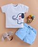 Wonderchild Half Sleeves Striped Elephant Printed & Ear Applique Detailed Tee & Shorts Set - White & Sky Blue