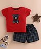 Wonderchild Half Sleeves Teddy Bear Applique Detailed Tee & Shorts Set - Red & Green