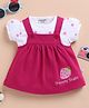 Wonderchild Strawberry Embroidered Knee Length Pinafore Dress With Half Puffed Sleeves Polka Dots Printed Top - White & Wine