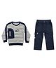 CRUNCHY NACHOS Knitted Knit Full Sleeves Striped Typography Embroidered Winter Sweatshirt & Pants Set - Navy Blue