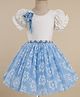 Enfance Half Puffed Sleeves Pearls & Stone Embellished Floral Applique Detailed & Embroidered Knee Length Dress - Blue