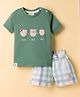 Ollypop Interlock Knit Half Sleeves T-Shirt & Checkered Shorts Set with Bear Print- Olive Green