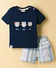 Ollypop Interlock Knit Half Sleeves T-Shirt & Checkered Shorts Set with Bear Print- Navy Blue