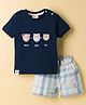 Ollypop Interlock Knit Half Sleeves T-Shirt & Checkered Shorts Set with Bear Print- Navy Blue