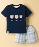 Ollypop Interlock Knit Half Sleeves T-Shirt & Checkered Shorts Set with Bear Print- Navy Blue