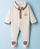 Child World Interlock Knit Full Sleeves Footed Party Romper With King Embroidery & Bow - Beige (Bow Design May Vary)