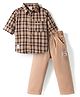Mini Donuts Cotton Woven Full Sleeves Checks Shirt & Pant Set With Patch - Beige