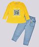 Hrit Cotton Knit Full Sleeves Scan For Good Vibes Text Printed Top & Jeans Set - Yellow & Blue