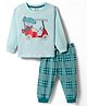 Mini Donuts Single Jersey Knit Full Sleeves Vehicle Printed T-Shirt & Checkered Lounge Pant Set - Aqua Blue