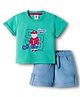 ToffyHouse Interlock Woven Half Sleeves T-Shirt & Shorts Set with Teddy Print - Light Green