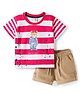 ToffyHouse Knitted Half Sleeves T-Shirt with & Shorts Set with Stripes & Teddy Print  - Dark Red Brown & White