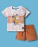 ToffyHouse Single Jersey Knit Half Sleeves T-shirt & Shorts Set with Surfer Teddy Bear Print - White & Dark Peach