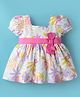 ToffyHouse Cotton Woven Half Sleeves Frock With Tropical Theme & Bow Applique Print - Pink