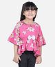 Cutiekins Woven Three Fourth Sleeves Floral Printed Bow Applique Detailed Top - Pink & White