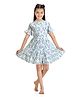 Tiny Girl Woven Half Sleeves Floral Applique Detailed & Printed Tiered Dress - Blue