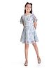 Tiny Girl Woven Half Sleeves Floral Applique Detailed & Printed Tiered Dress - Light Blue