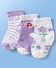 Doodle Poodle Cotton Knit Ankle Length Socks With Floral & Stripes Design Pack Of 3 - White & Purple