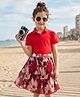 OLLINGTON ST. Knit Half Sleeves Top & Printed Georgette Skirt Set - Red & Multicolour