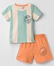 CUCUMBER Knitted Half Sleeves Striped T-Shirt & Shorts Set with Beach Theme Print - Orange