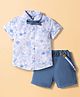 ToffyHouse Poplin Cotton Woven Half Sleeves Sea Life Printed Shirt & Shorts Set With Bow & Suspender - Light Blue
