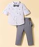 ToffyHouse Poplin Woven Full Sleeves Printed Party Shirt & Trouser Set With Bow & Suspender - White & Grey