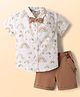 ToffyHouse Poplin Woven Half Sleeves Party Shirt & Short With Bow Suspender & Rainbow Print - Light Brown