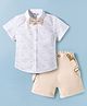 ToffyHouse 100% Cotton Poplin Woven Half Sleeves Nautical Theme Printed Shirt & Shorts Set With Suspender & Bow - Tan