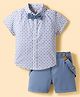 Toffy House Poplin Woven Half Sleeves Floral Printed Party Shirt & Shorts Set with Bow & Suspender - Blue