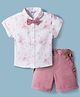 ToffyHouse Poplin Woven Half Sleeves Floral Printed Party Shirt & Shorts Set With Bow & Suspender - White