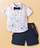ToffyHouse Poplin Woven Half Sleeves Printed Party Shirt & Shorts Set with Bow & Suspender - Navy Blue