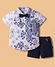 ToffyHouse Poplin Woven Half Sleeves Floral Printed Party Shirt & Shorts Set With Bow & Suspender - Navy Blue