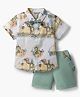 ToffyHouse Poplin Woven Half Sleeves Printed Shirt & Shorts Set With Suspender & Bow - Teal Blue