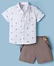 ToffyHouse Poplin Woven Half Sleeves Printed Party Shirt & Shorts Set with Bow & Suspender - Tan & White