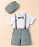 ToffyHouse Poplin Woven Half Sleeves Striped & Printed Shirt & Shorts Set With Bow Suspender & Cap - Teal Blue