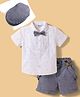 ToffyHouse Poplin Woven Half Sleeves Printed Shirt & Shorts With Bow Suspender & Cap - White