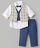 ToffyHouse Poplin Woven Full Sleeves Printed & Checked  Three Piece Party Suit With Bow - Navy Blue